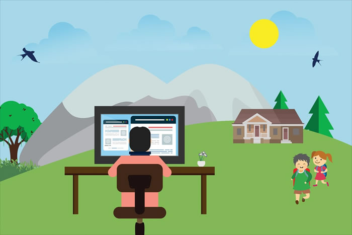cartoon-like picture of person working at desk in the middle of the outdoors