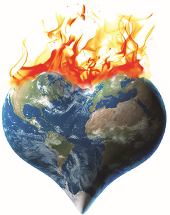 heart-shaped earth with flames on the top of it