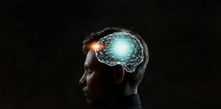 The Future is More Than We Think side view of man with a visual digital brain displayed on the side of his head