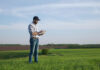 farmer using technology tablet in a large field