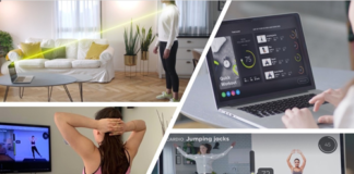 collage of 4 pictures of individuals working out at home with a computer