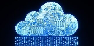 Key Benefits of Cloud Computing digital cloud made up of a chip board with ones and zeros flowing to it