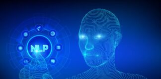 How AI is Transforming Content Marketing digital robot reaching to press the NLP button on a digital dashboard