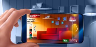 Augmented Reality Impact on 4 Core Industries hand holding up mobile phone over picture of furniture while browsing online store