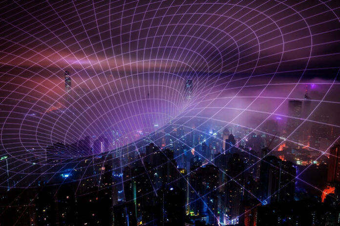 virtual abstract of a vortex or black hole covering a city skyline at night