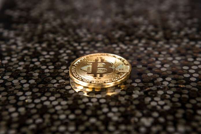 single gold bitcoin laying on a silicon circuit board