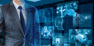 Empowering Your People: A Bottom-Up Approach to Digital Transformation man in gray suit as his body starts to transform into a digital person with digital pictures in the back