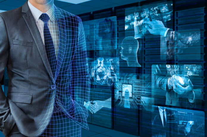 man in gray suit as his body starts to transform into a digital person with digital pictures in the back