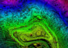colorful geospatial overhead drone view of topography