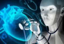 AI robot with stethoscope listening to a digital heart