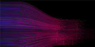 red and purple fine fiber optic horizontal lines representing mm wave and wireless technology