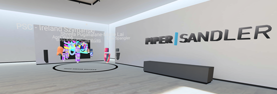 A group of recruiters greet perspective employees in a WebXR environment