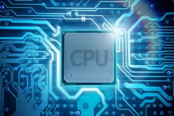closeup of a server CPU with a virtual circuit board background in blue