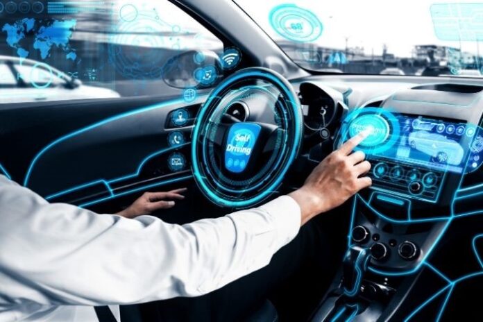 man in autonomous vehicle and pressing a button on a digital screen