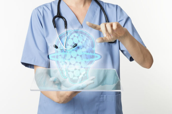doctor using transparent tablet with hologram digital health technology