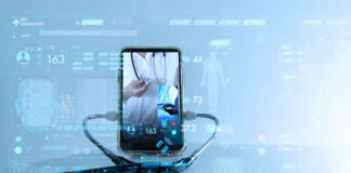 How Healthcare Can Embrace Digital Transformation mobile phone with healthcare provider on screen with a stethoscope connected to the phone