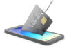 Smishing attack showing a fishing hook pulling out a credit card from a cell phone