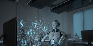 Enhancing Your Digital Workplace Strategy with AI digital workplace with AI robots at computers