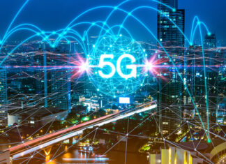 Expertise Needed to Optimize 5G Antenna Selection city at dusk with a virtual 5G overlay connecting devices