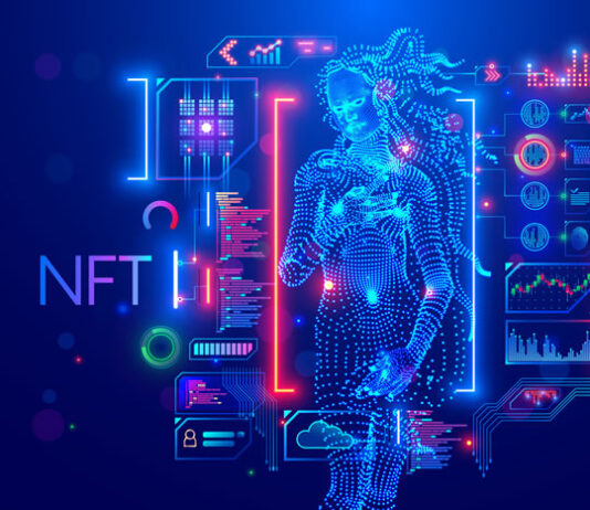 digital nft illuminated with a digital figurine of art