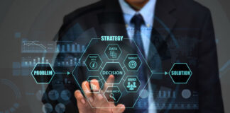 The Role of Information Insight in a Fluid Organization man making a choice or decision on a digital virtual dashboard