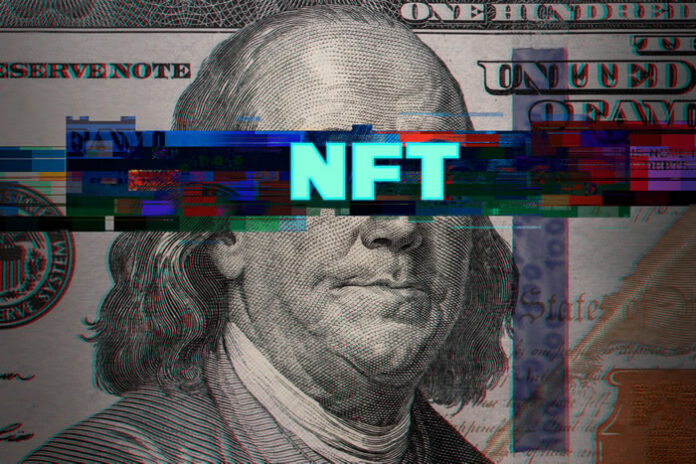 digital NFT letters across a 100 dollar bill for buying