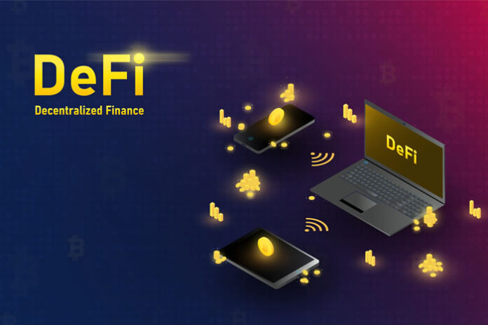 defi or decentralized finance with nodes and devices showing crypto currency