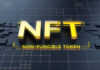 NFTs: a Disruption in the Data Driven Economy gold embossed lettering with NFT on a black background