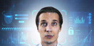 Security and the Future of Synthetic Media picture of a man with a digital biometric security scan on his face to check for deepfake