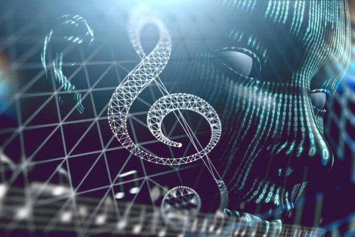 digital AI face with music clef transforming arts philanthropy with Web3