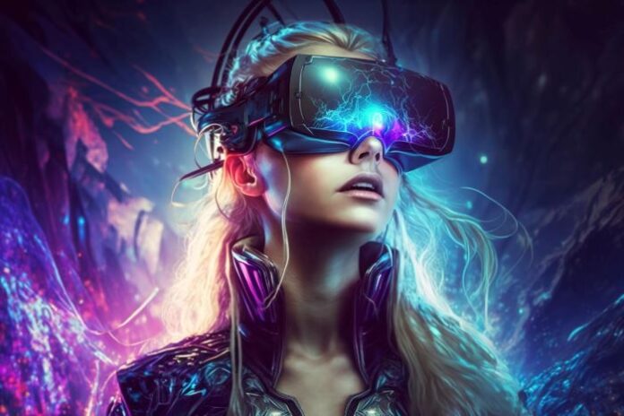 young girl using VR goggles using for branding in metaverse