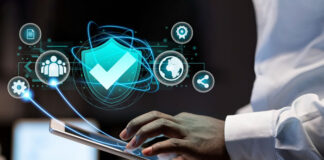 Natural Disasters, AI and Insurance Risk Assessment businessman on tablet looking at AI and insurance risk assessments