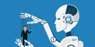 How Do We Ensure Good Ethics in Building AI Platforms? AI robot pulling the puppet strings on human - ensure good ethics