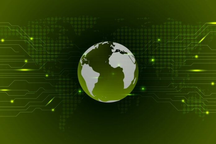digital green earth globe with circuit board where the future is green