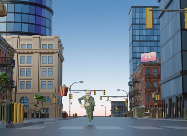 animated man running down a city street in the metaverse