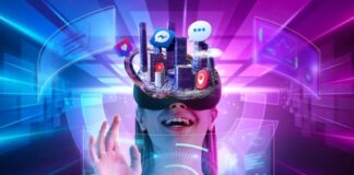 Building a Strong Community Through Engagement in The Metaverse smiling woman with goggles building incentives through engagement in the Metaverse.