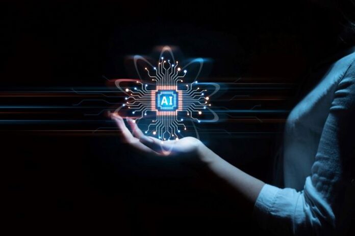 woman holding digital AI CPU representing AI Powers Personalized Marketing