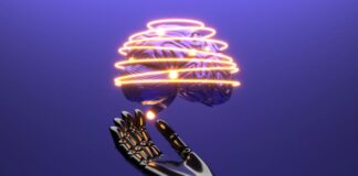 The Pros and Cons of Using AI in Education a an electronic brain hovering over a robot hand using AI in Education