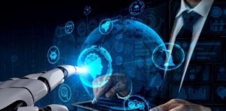 Optimize the Research Process with Proactive Insights man and robot interacting with a virtual dashboard using proactive insights