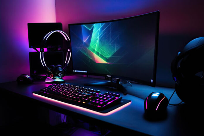 the rise of social gaming with a gaming desktop, keyboard, and headset