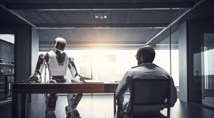 Exploring the Impact of AI and Emerging Tech on Technical Hiring AI and emerging tech - robot and human interviewing for job