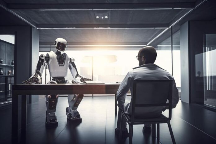 AI and emerging tech - robot and human interviewing for job