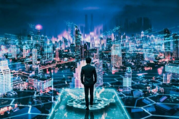 business man walking into the virtual world of metaverse M&A