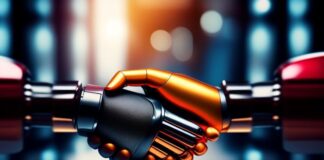 Driving Tech M&A from the Top Down AI, Cloud Computing, & Cybersecurity driving tech M&A with two robots shaking hands