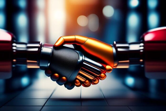 driving tech M&A with two robots shaking hands
