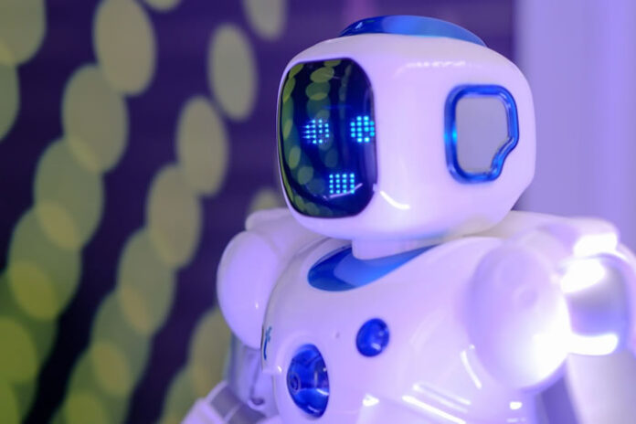 a white and blue robot representing what is conversational AI