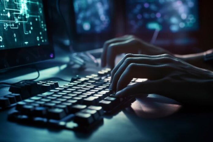 hacker working on keyboard in a digital battlefield