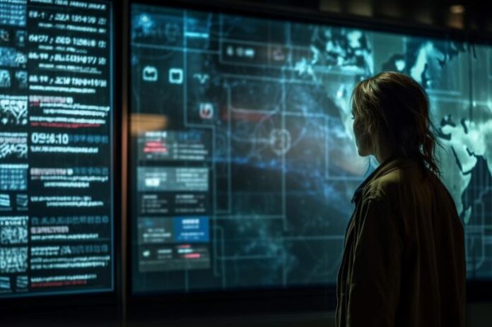 young woman reviewing a digital dashboard for cybersecurity SIEM logging