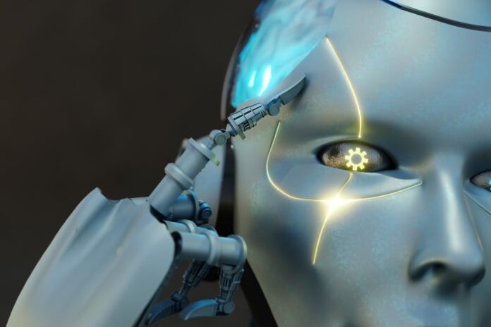 a bio humanoid robot thinking about the duality of AI