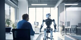 How Generative AI Can Help Tech Startups Scale startup company with man and generative AI robot talking